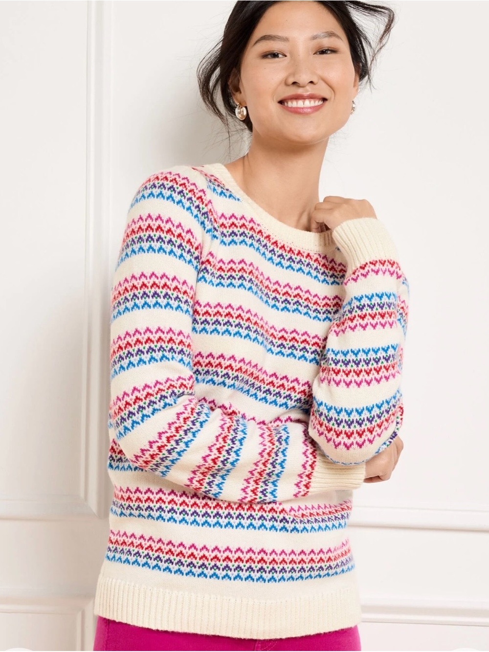 Talbots Petite Womens PL Fair Isle Sweater Multicolor Crew Neck Cotton Blend NWT